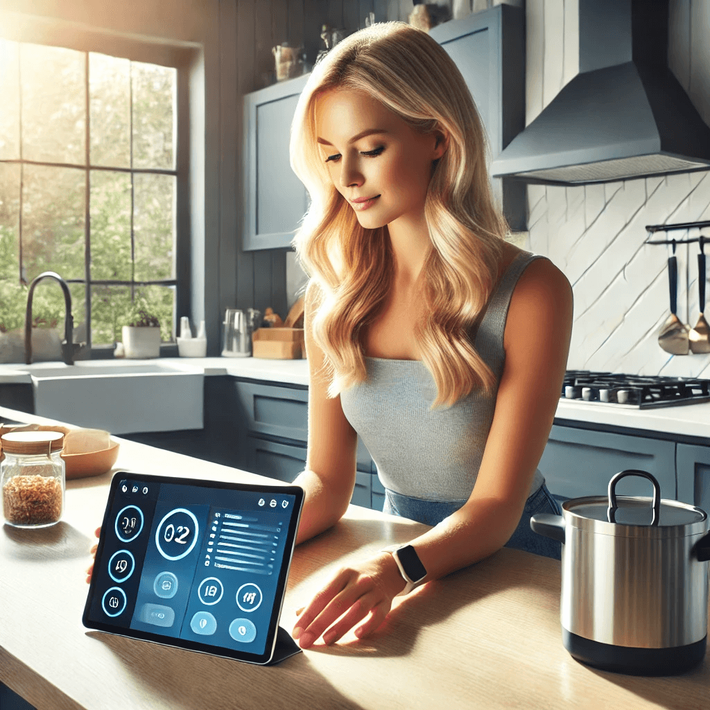 Woman controlling multiple smart kitchen gadgets through centralized app interface