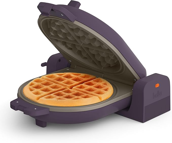 bella Flip-n-Store Waffle Maker, EverGoodTM Ceramic Nonstick Coating, Fits-anywhereTM Kitchenware, Power Indicator Light & Touch Handle, 7” Wide & 1" Deep Plates, 1000 Watt, Plum