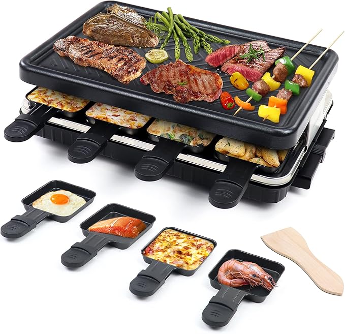 Fajiabao Electric Korean BBQ Indoor Grill Table Smokeless Portable Griddle Raclette Grill Nonstick with 8 Cheese Maker Pans Temperature Control & Dishwasher Safe 1300W Ideal for Parties and Family Fun